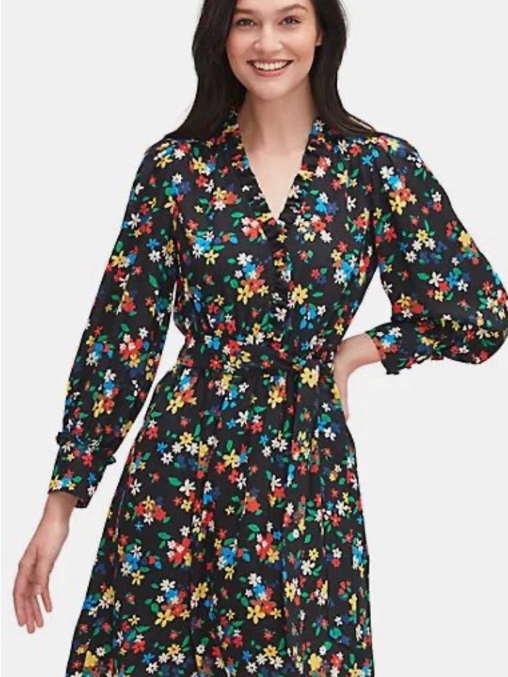 Kate Spade Black Floral V-Neck Long Sleeve Dress